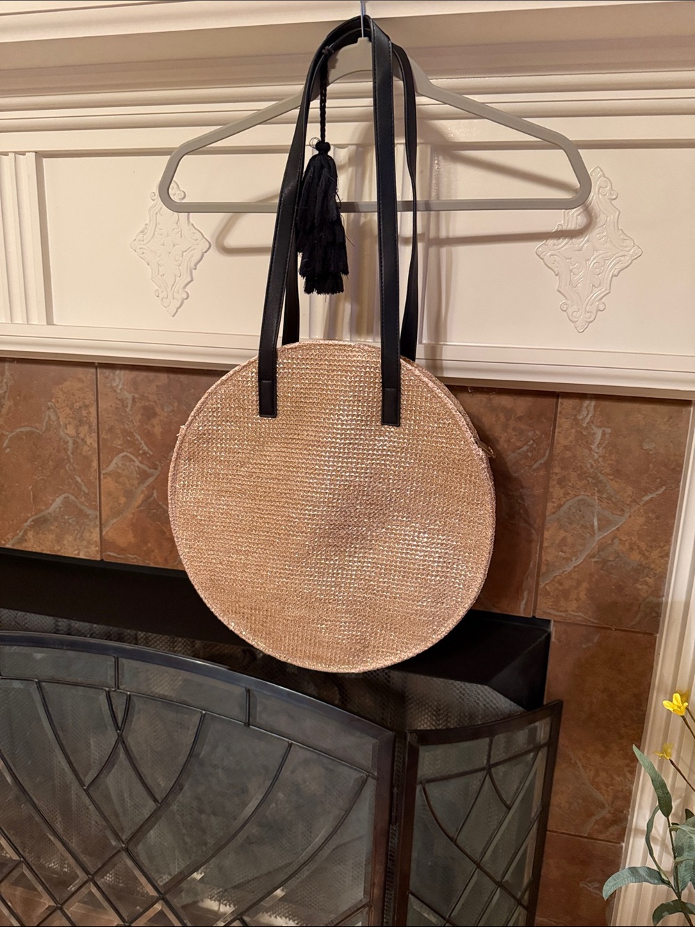 Beige with Gold Accents Round Tote with Black Tassel Straps